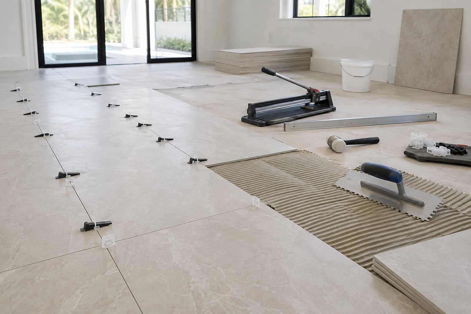 Professional porcelain tile installation in progress